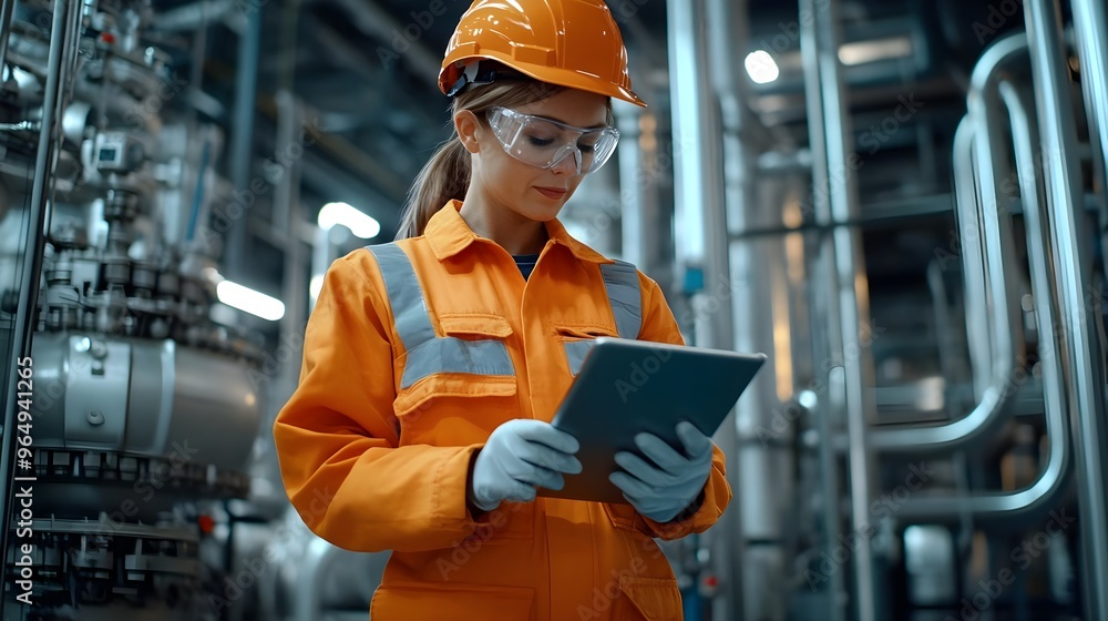 A female engineer in a safety suit uses a tablet in an industrial environment, showcasing modern technology in manufacturing. A female engineer in a safety suit uses a tablet in an industrial environment, showcasing modern technology in manufacturing.