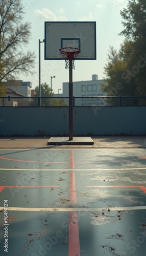 A serene view of an empty basketball court, ideal for sports promotions, fitness themes, or community-focused projects.