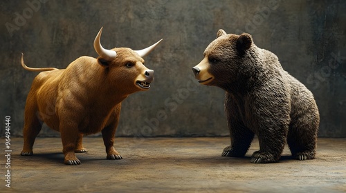 A fierce bull and a strong bear face off in a dramatic showdown, showcasing the power of nature's wildlife.