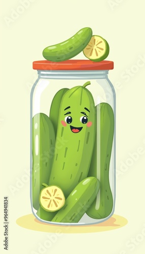 Cheerful cartoon cucumber character in a jar, perfect for food packaging, children's products, or healthy lifestyle branding.