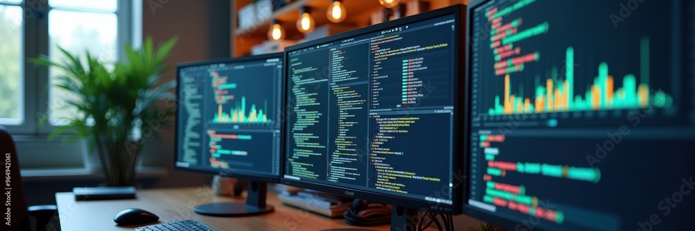 A modern workspace featuring three monitors displaying code and data analytics, ideal for tech-focused businesses and software development environments. A modern workspace featuring three monitors displaying code and data analytics, ideal for tech-focused businesses and software development environments.