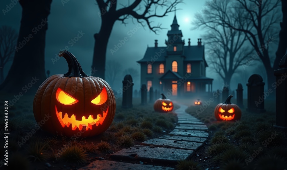 Eerie Halloween scene featuring glowing jack-o'-lanterns and a haunted mansion. Perfect for seasonal promotions, invitations, and festive decorations. Eerie Halloween scene featuring glowing jack-o'-lanterns and a haunted mansion. Perfect for seasonal promotions, invitations, and festive decorations.