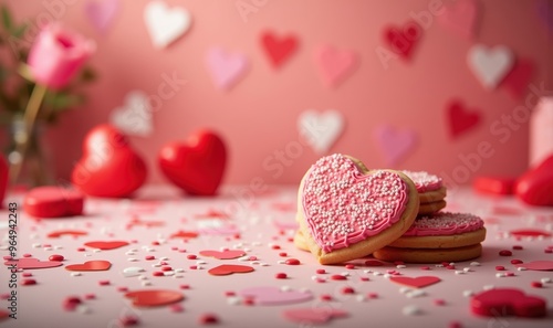 Romantic heart-shaped cookies surrounded by festive decorations, perfect for Valentine's Day promotions, bakery displays, or love-themed events.
