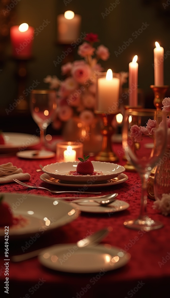A beautifully set romantic dinner table with candles and floral arrangements, perfect for special occasions such as anniversaries or Valentine's Day celebrations. A beautifully set romantic dinner table with candles and floral arrangements, perfect for special occasions such as anniversaries or Valentine's Day celebrations.
