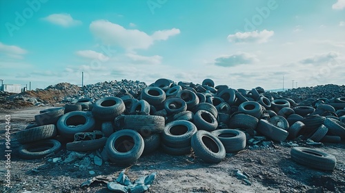 A large pile of discarded tires in an outdoor setting, showcasing environmental impact and waste management challenges.