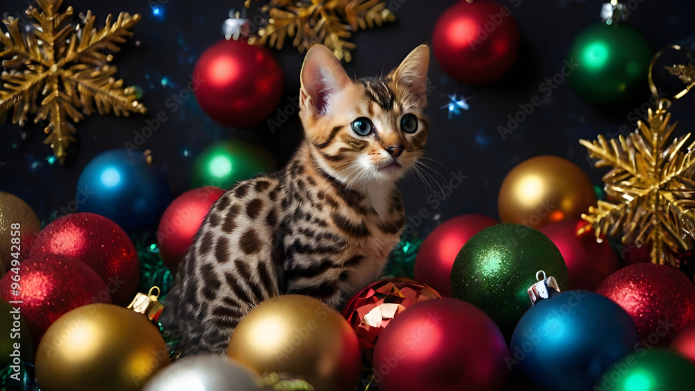 Bengal Cat Among Colorful Christmas Beads: Year-end Joy With Dark Festival Background generative ai Bengal Cat Among Colorful Christmas Beads: Year-end Joy With Dark Festival Background generative ai