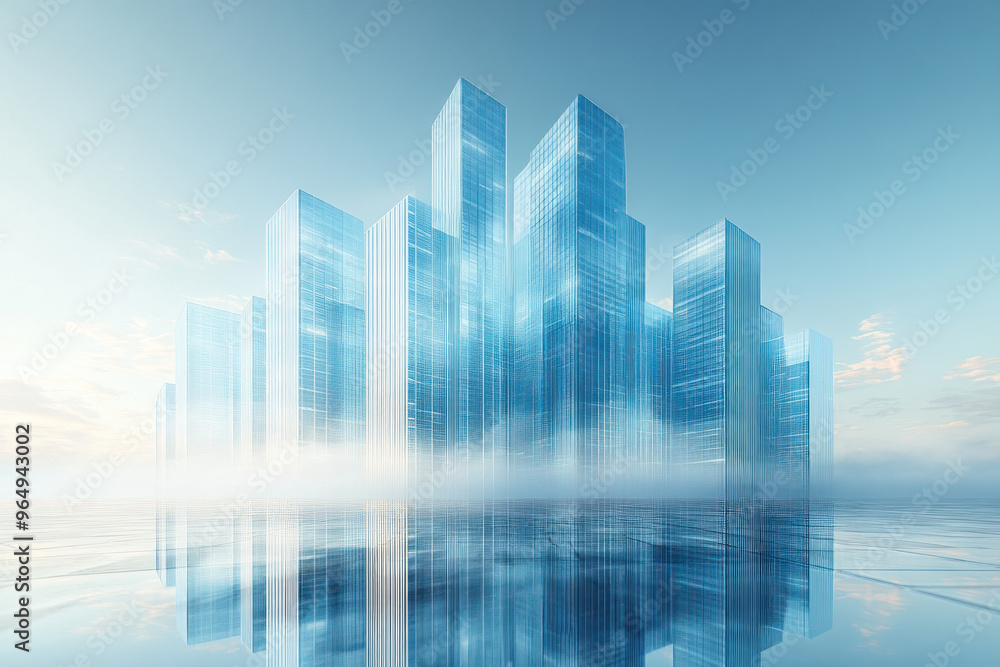 A modern 3D rendering of building shaped like futuristic cityscape, surrounded by mist and reflecting in water, creates serene and ethereal atmosphere.. A modern 3D rendering of building shaped like futuristic cityscape, surrounded by mist and reflecting in water, creates serene and ethereal atmosphere..