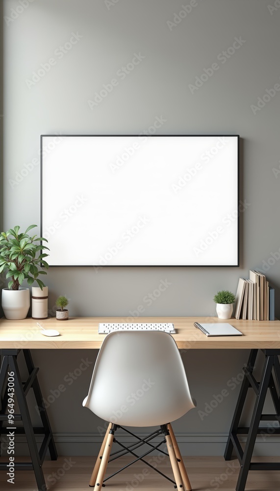 A minimalist workspace featuring a clean desk, plant, and blank wall canvas, ideal for showcasing creativity and productivity in modern home office environments. A minimalist workspace featuring a clean desk, plant, and blank wall canvas, ideal for showcasing creativity and productivity in modern home office environments.