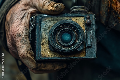 Close-up shot of a weathered hand, gripping a vintage camera, emphasizing the textures and details, soft natural light, documentary style, capturing emotion and story