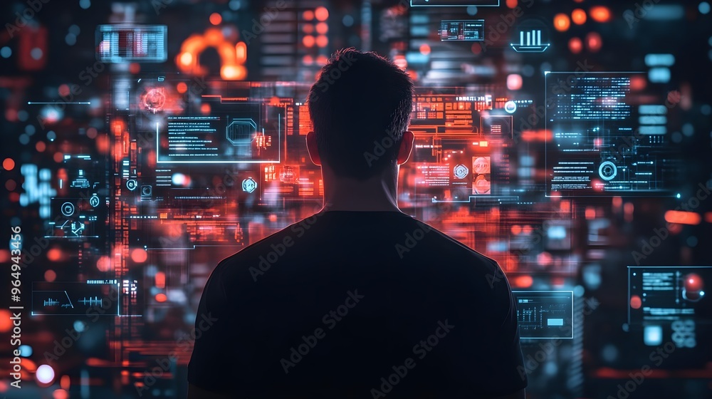 A person interacts with glowing data interfaces in a futuristic environment, showcasing technological advancements and innovation. A person interacts with glowing data interfaces in a futuristic environment, showcasing technological advancements and innovation.