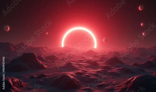 A stunning digital landscape depicting a red sun rising over a surreal alien terrain, surrounded by distant planets. Perfect for sci-fi, tech, and futuristic themes.