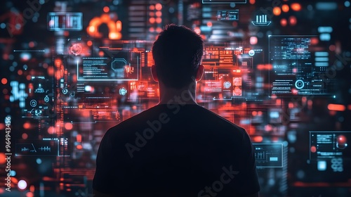 A person interacts with glowing data interfaces in a futuristic environment, showcasing technological advancements and innovation.