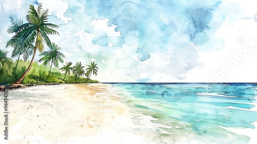 A watercolor painting of a tropical beach with palm trees and a blue sky.
