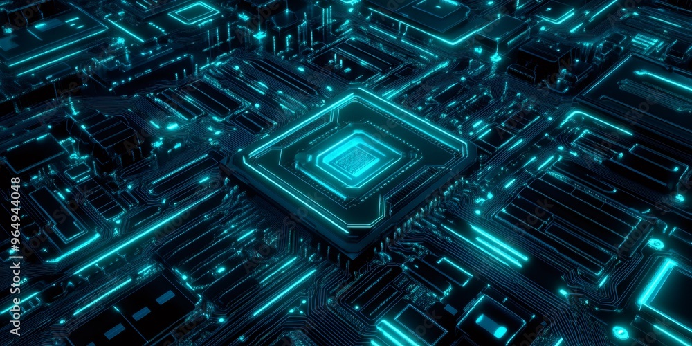 Futuristic digital circuit board with glowing neon blue lines. Futuristic digital circuit board with glowing neon blue lines.