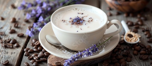 Cup Of Milk With A Sprig Of Lavender On The Surface Surrounded By Coffee Beans