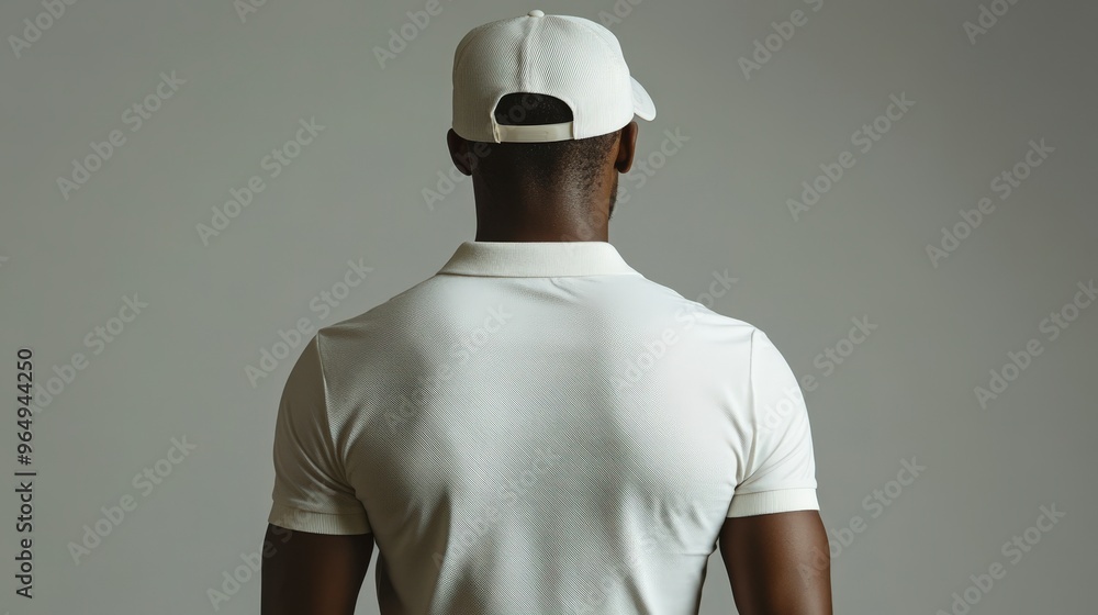 Casual White Polo Product Shoot: Studio Portrait of Man in Cap for T-Shirt Branding Casual White Polo Product Shoot: Studio Portrait of Man in Cap for T-Shirt Branding