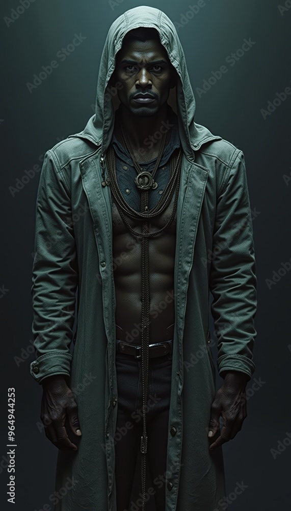 A striking, muscular figure in a hooded coat exudes confidence and mystery, perfect for themes of strength, empowerment, and modern fashion. A striking, muscular figure in a hooded coat exudes confidence and mystery, perfect for themes of strength, empowerment, and modern fashion.