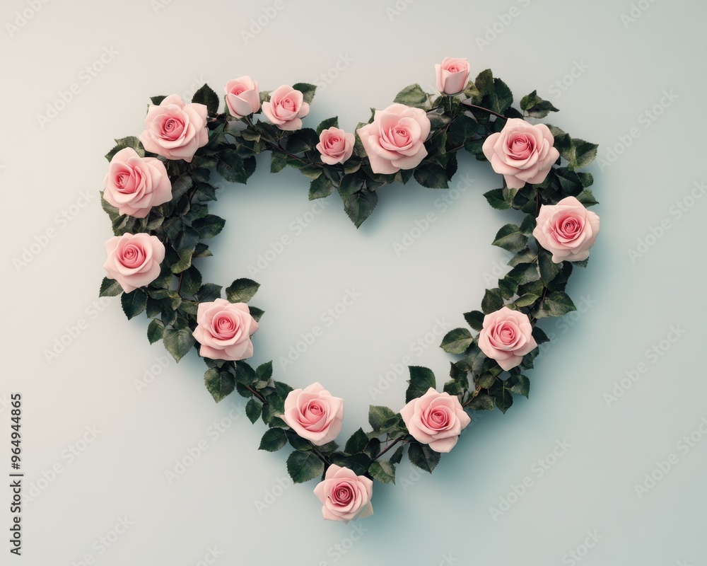 A beautiful heart shape made of pink roses and lush green leaves, perfect for romantic decor or floral design inspiration. A beautiful heart shape made of pink roses and lush green leaves, perfect for romantic decor or floral design inspiration.