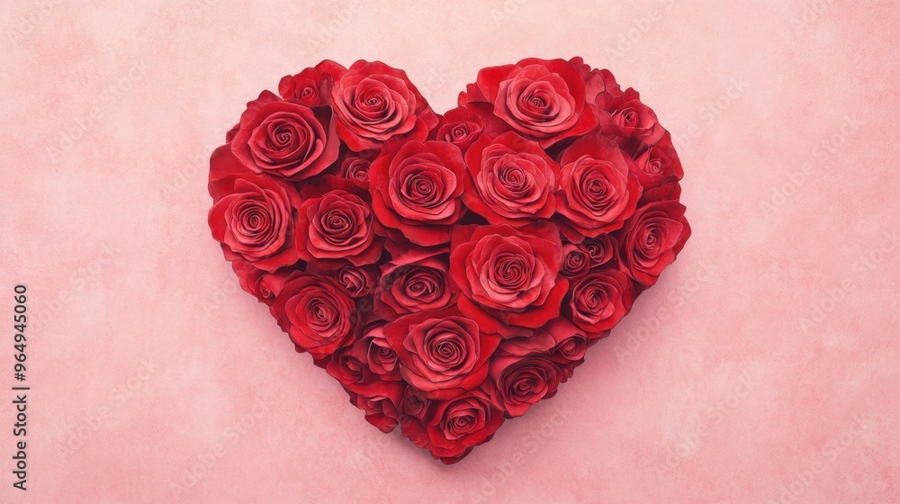 A stunning arrangement of red roses shaped into a heart, symbolizing love and romance against a soft pink background. A stunning arrangement of red roses shaped into a heart, symbolizing love and romance against a soft pink background.