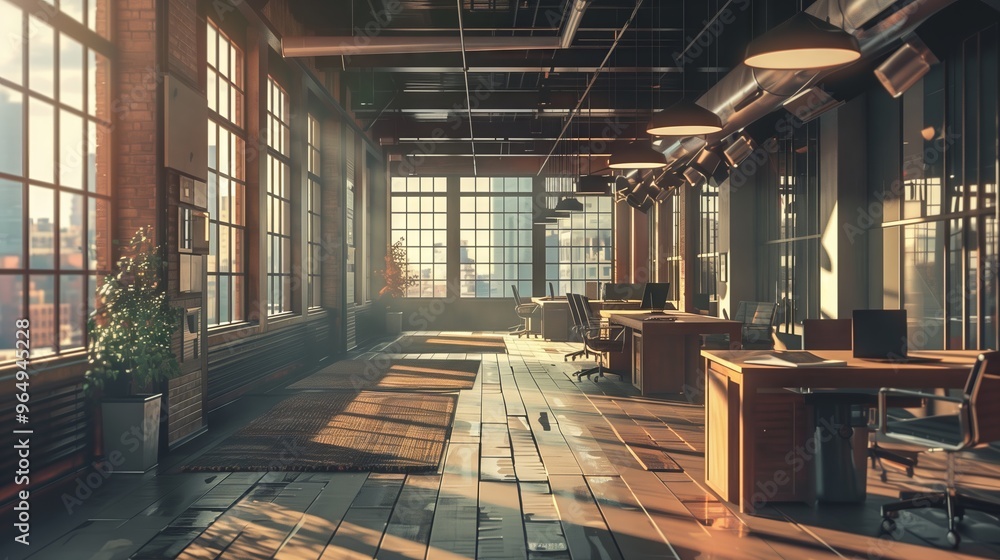 Modern Open Office Space with Natural Light - Contemporary Interior Design Featuring Large Windows and Workspace Desks Modern Open Office Space with Natural Light - Contemporary Interior Design Featuring Large Windows and Workspace Desks