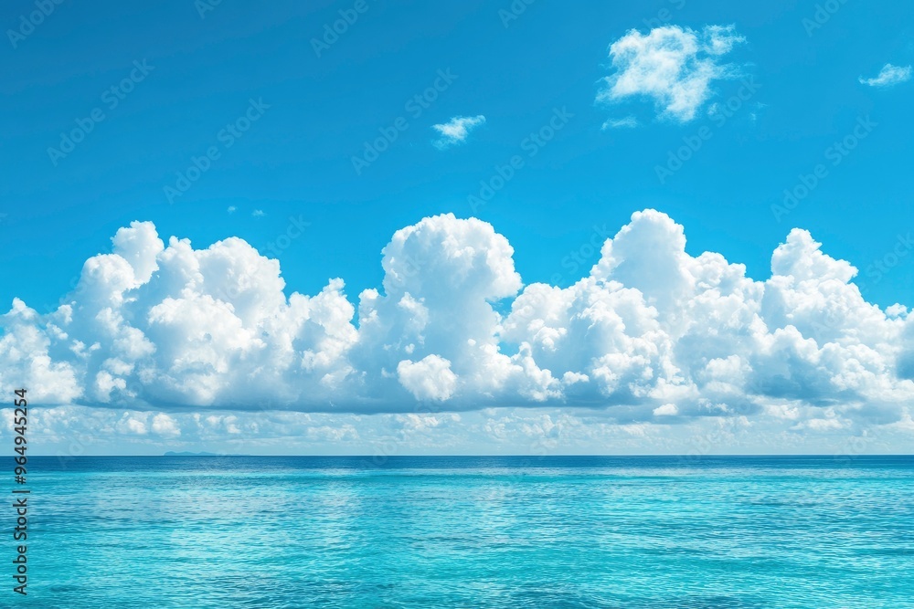 Obraz premium Panorama of clear sky background for summer vacation concept at ocean and summer sea water with sunlight of beautiful cloudy sky , ai