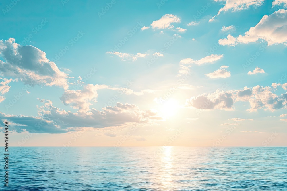 Obraz premium Panorama of clear sky background for summer vacation concept at ocean and summer sea water with sunlight of beautiful cloudy sky , ai