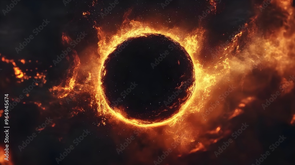 A stunning depiction of an eclipse surrounded by fiery cosmic elements, showcasing the beauty of space and celestial events. A stunning depiction of an eclipse surrounded by fiery cosmic elements, showcasing the beauty of space and celestial events.