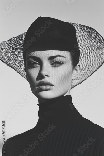 Fashion magazine concept. Portrait of beautiful female model wearing designer clothing, hat and looking at camera on gray background. Haute couture style. Retro, vintage. Monochrome outdoor shot