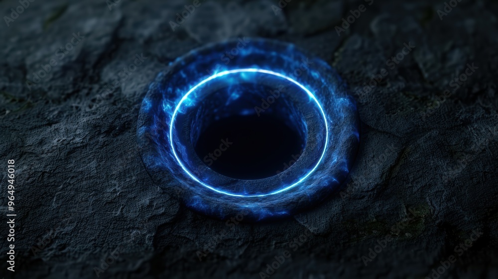 Glowing blue portal in dark rocky environment Glowing blue portal in dark rocky environment