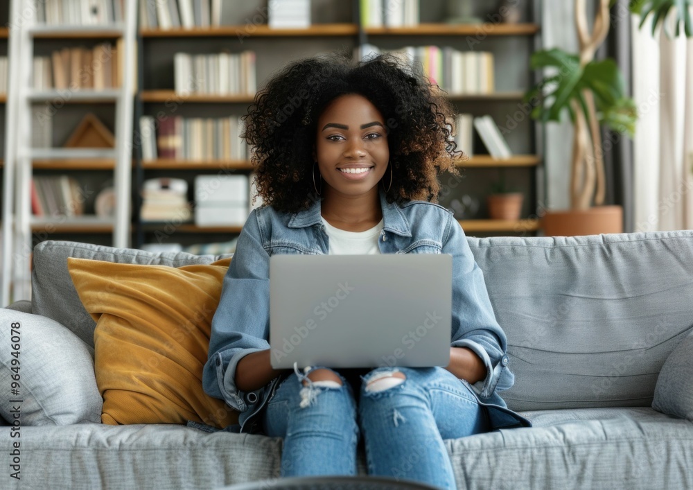 Woman working on laptop in a cozy home environment with a stylish decor and greenery She smiles and engages with the device, showcasing productivity and comfort