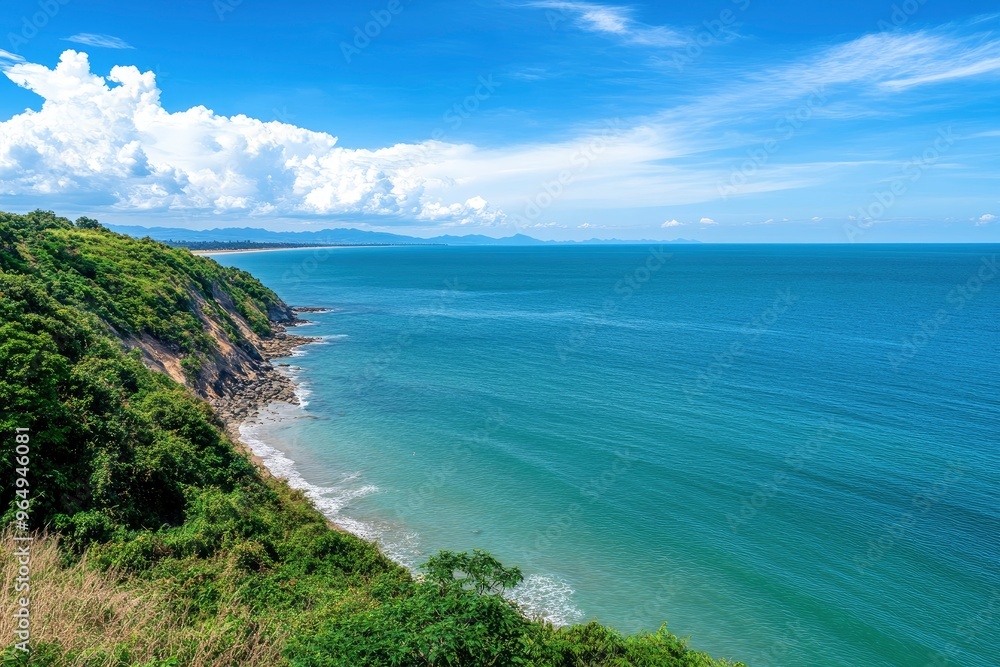 Landscape beautiful summer panorama wide horizon look viewpoint shore open sea beach cloud clean and blue sky background calm nature ocean wave water nobody travel at thailand chonburi sun day, ai