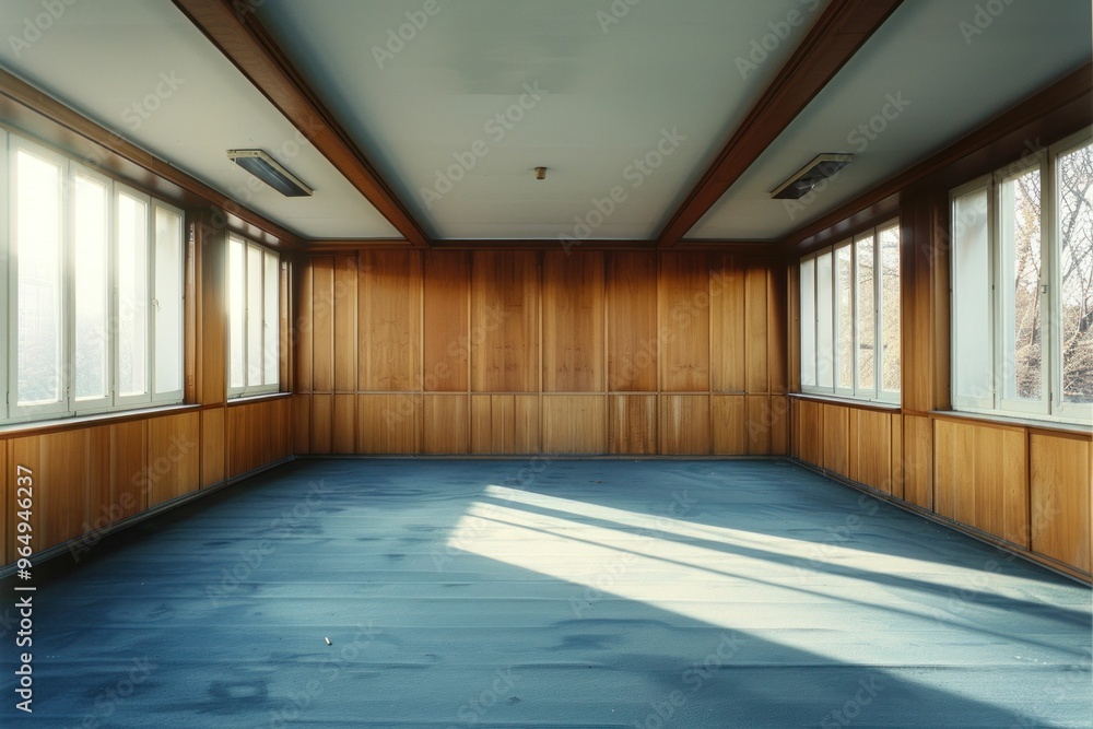 Empty room with large windows, wooden panels, and wooden flooring, creating a serene atmosphere with soft light filtering through, ideal for creative concepts Empty room with large windows, wooden panels, and wooden flooring, creating a serene atmosphere with soft light filtering through, ideal for creative concepts