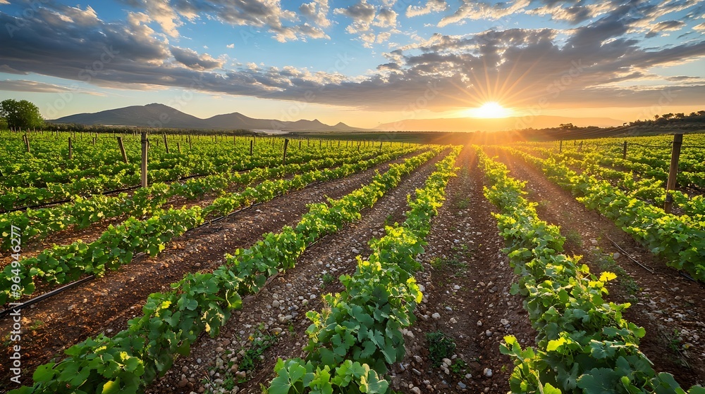 A stunning vineyard at sunset, showcasing rows of grape vines under a colorful sky, perfect for nature and agriculture themes. A stunning vineyard at sunset, showcasing rows of grape vines under a colorful sky, perfect for nature and agriculture themes.