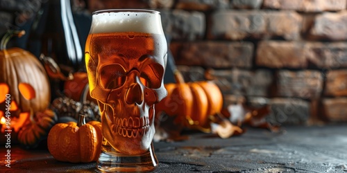 Craft brew served in a skull-shaped glass for a Halloween event featuring a close-up of pumpkin ale. photo