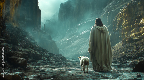 Jesus and a lamb at the entrance to the valley of the shadow of death