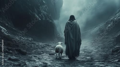 Jesus and a lamb at the entrance to the valley of the shadow of death
