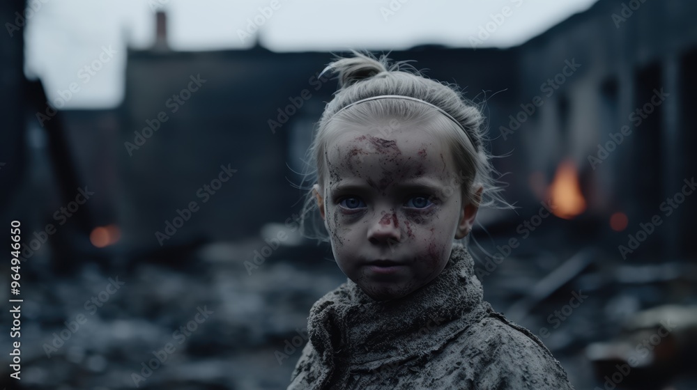Haunting portrait of a young child in a grim, post-apocalyptic setting Haunting portrait of a young child in a grim, post-apocalyptic setting