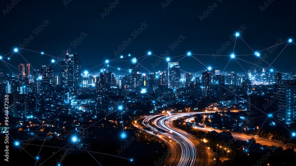 Fototapeta premium A vibrant cityscape at night showcasing interconnected lights and dynamic traffic, symbolizing urban connectivity and technology.