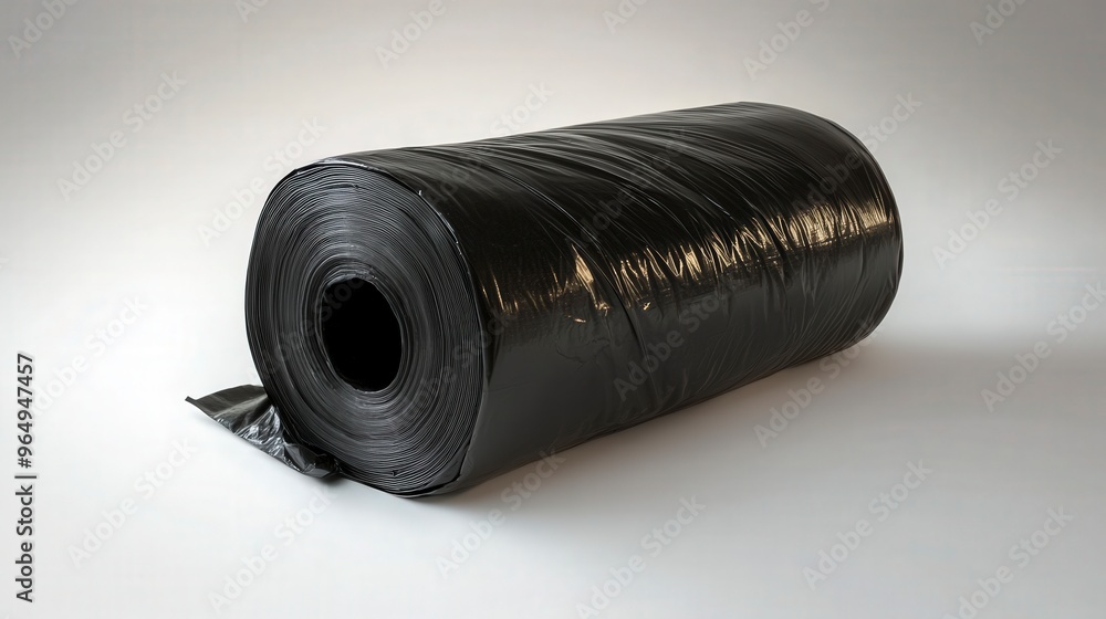 High-Quality Realistic Image of Black Garbage Bags Roll on White Background High-Quality Realistic Image of Black Garbage Bags Roll on White Background