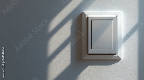 A white light switch on a white wall with sunlight streaming in through a window.