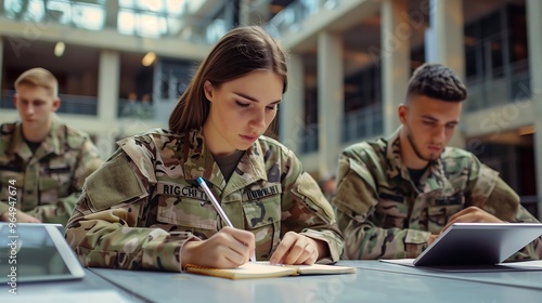 Cadets take test in military academy: Male and female military cadets take test or take notes during a class at a military academy.