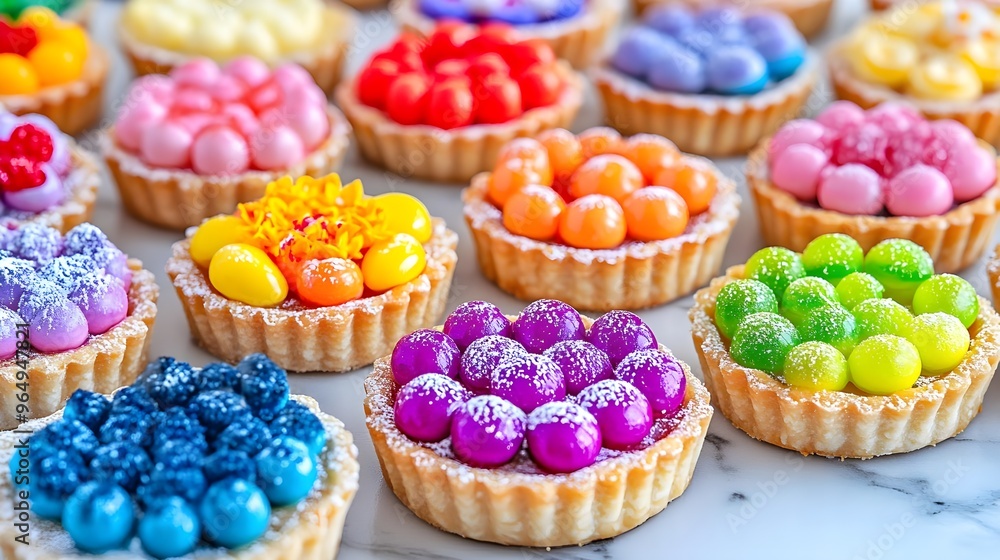 A vibrant display of colorful mini tarts filled with assorted candies, perfect for dessert lovers and festive occasions. A vibrant display of colorful mini tarts filled with assorted candies, perfect for dessert lovers and festive occasions.