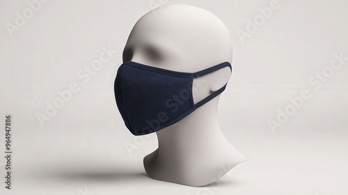 Elegant Navy Blue Fabric Face Mask on Transparent Mannequin at 45-Degree Angle in High-Resolution Studio Shot photo