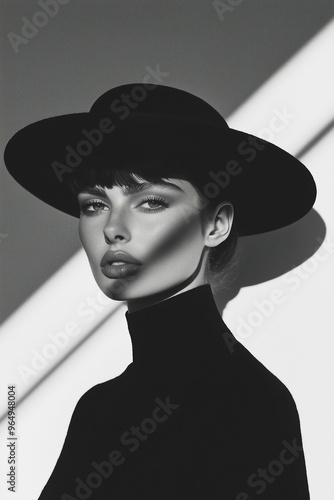 Fashion magazine concept. Portrait of beautiful female model wearing designer clothing, hat and looking at camera on gray background. Haute couture style. Retro, vintage. Monochrome studio shot