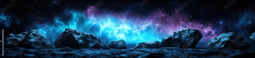 Surreal cosmic landscape with glowing nebula and rocky mountains Surreal cosmic landscape with glowing nebula and rocky mountains