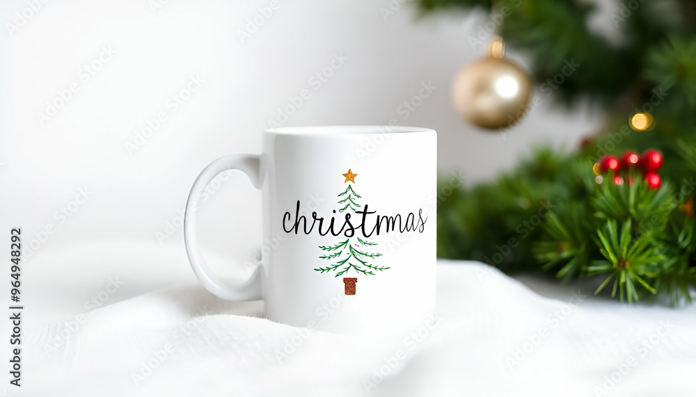 A white ceramic mug with a hand-drawn Christmas tree and the word A white ceramic mug with a hand-drawn Christmas tree and the word