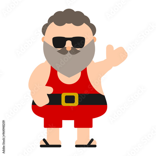 Brunette Santa Claus wearing sleeveless shirt, sunglasses and slippers during summer Christmas season. Brazilian latin america warm weather celebration. Editable EPS vector flat icon.