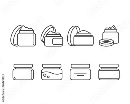 Collection vector icons of beauty, cosmetics and care. Bottle, jar, shower gel, face cream, body lotion, spray, ointment, paste.