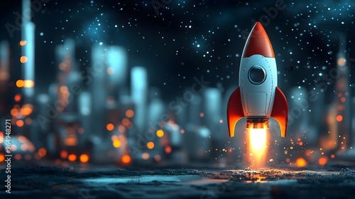 A vibrant rocket launching against a futuristic city skyline, symbolizing ambition and exploration in a night setting.
