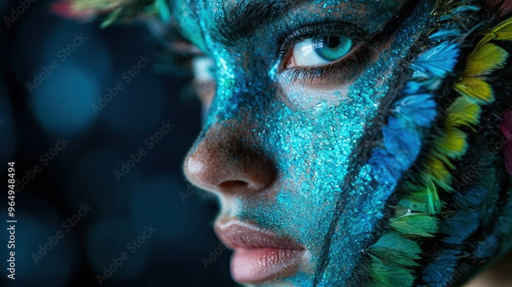 close-up of a person's face covered in vibrant blue and green glitter and feathers close-up of a person's face covered in vibrant blue and green glitter and feathers